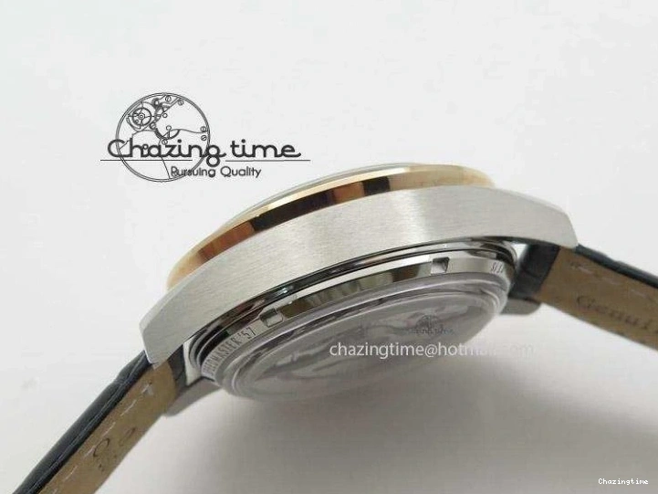 0509 Trendsetting Speedmaster ’57 SS Chrono AXF Best Edition RG Bezel Black Dial on Black Leather Strap A 8283